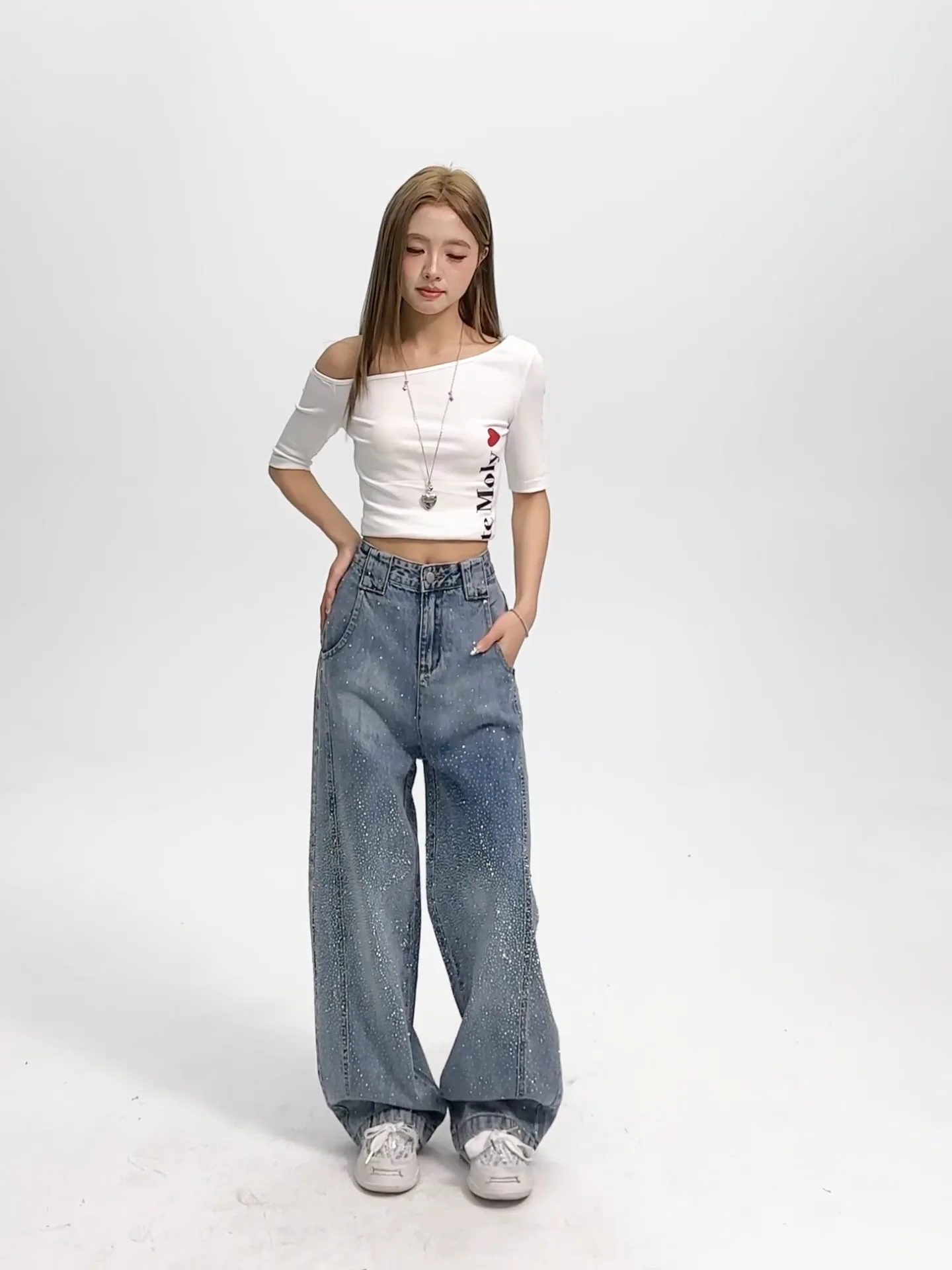 Women's High Waisted Bling Jeans - Sparkly Wide Leg Denim Streetwear - Image 3