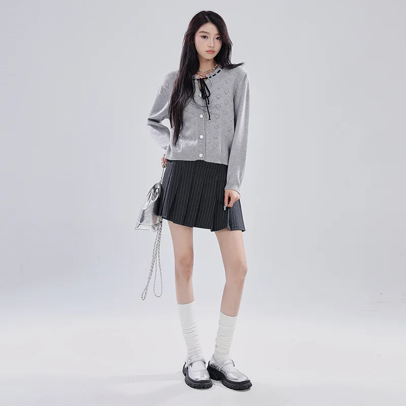 Heart Openwork Knitted Cardigan - Grey Chic College Style Top - Image 6