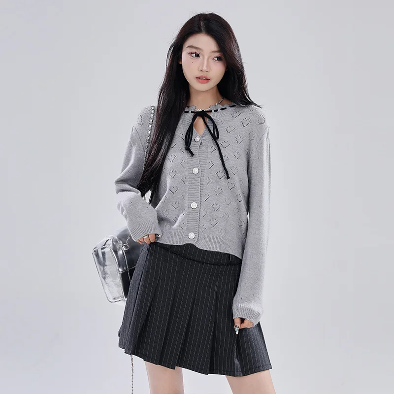 Heart Openwork Knitted Cardigan - Grey Chic College Style Top - Image 3