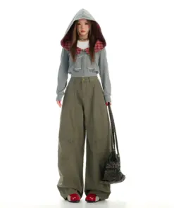 Alternative view of Retro Wide Leg Work Trousers - Military Green High Waist Casual Pants