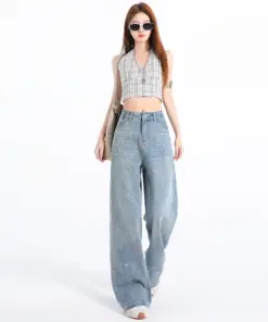 Women's High Waist Wide Leg Jeans - Washed Denim Streetwear