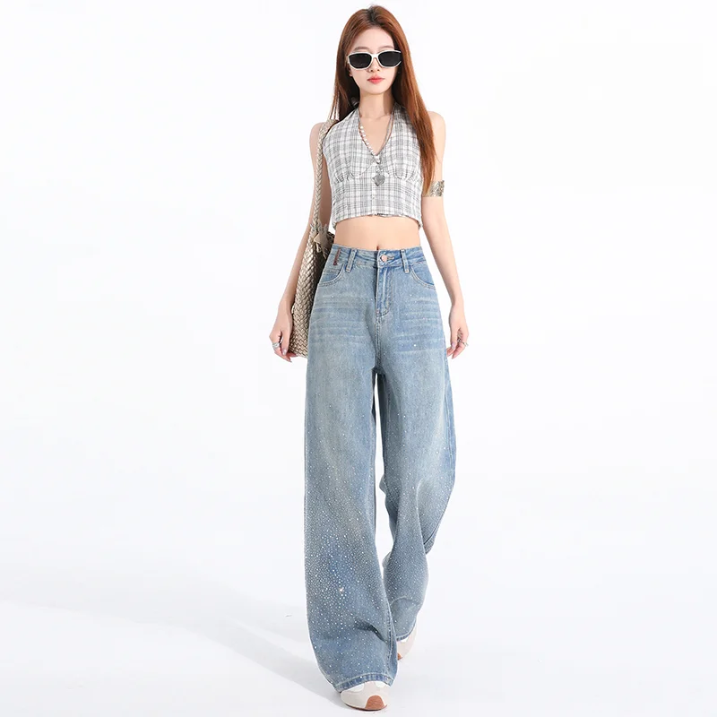 Women's High Waist Wide Leg Jeans - Washed Denim Streetwear