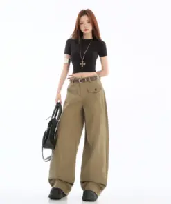 Alternative view of Latte Brown Retro Curved Blade Workwear Pants - Loose Casual Fit