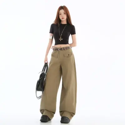 Alternative view of Latte Brown Retro Curved Blade Workwear Pants - Loose Casual Fit