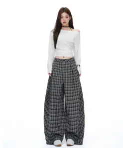 Alternative view of Retro Plaid Wide Leg Trousers - High Waist Casual Streetwear