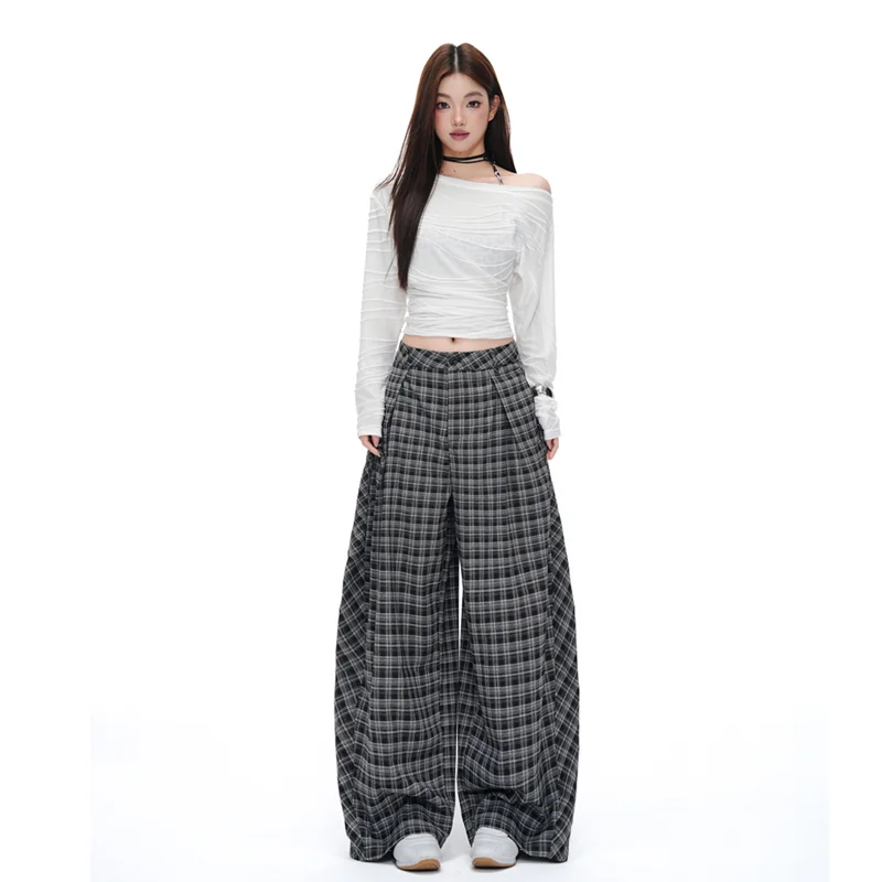 Retro Plaid Wide Leg Trousers - High Waist Casual Streetwear - Image 2