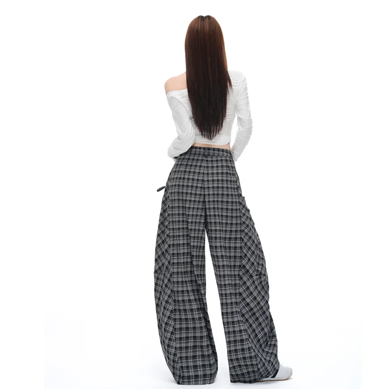 Retro Plaid Wide Leg Trousers - High Waist Casual Streetwear - Image 6