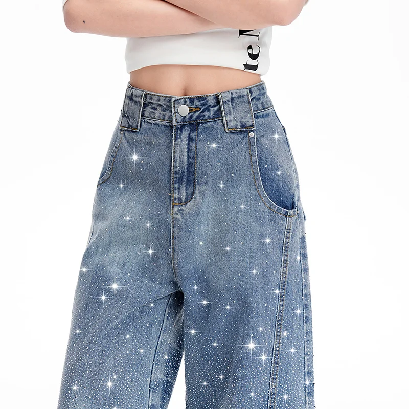 Women's High Waisted Bling Jeans - Sparkly Wide Leg Denim Streetwear - Image 5