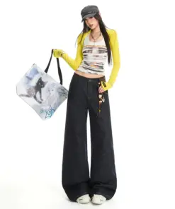 High Waist Straight Leg Denim Jeans with Paris Buckle Streetwear