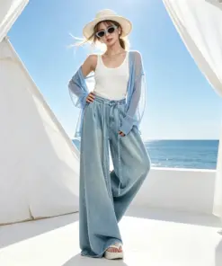 Women's Lyocell Wide Leg Jeans - High Waist Drawstring Denim Pants