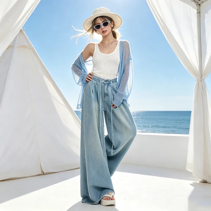 Women's Lyocell Wide Leg Jeans - High Waist Drawstring Denim Pants