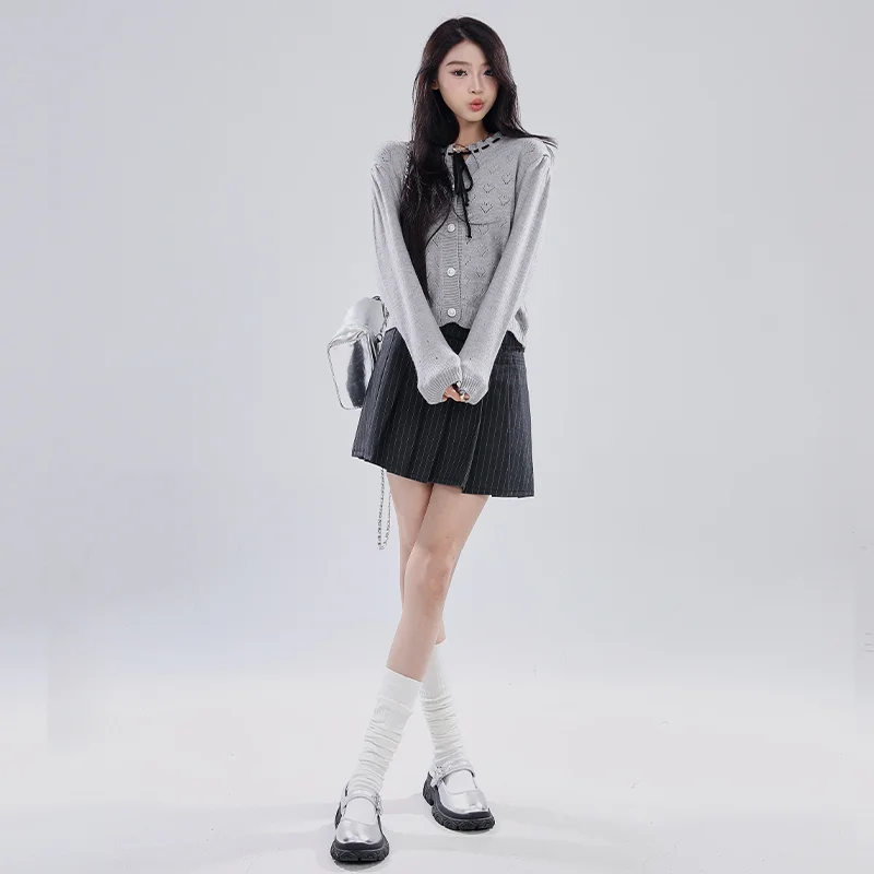 Heart Openwork Knitted Cardigan - Grey Chic College Style Top