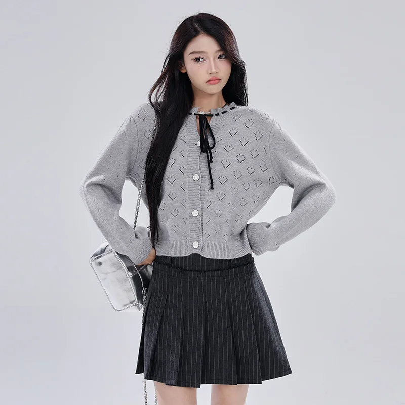 Heart Openwork Knitted Cardigan - Grey Chic College Style Top - Image 4