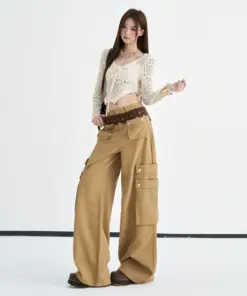 Alternative view of Women's Khaki Cotton High-Waisted Wide-Leg Casual Jeans