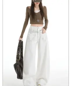 Women's White Straight Leg Jeans - Heavy Embroidery High Street Style
