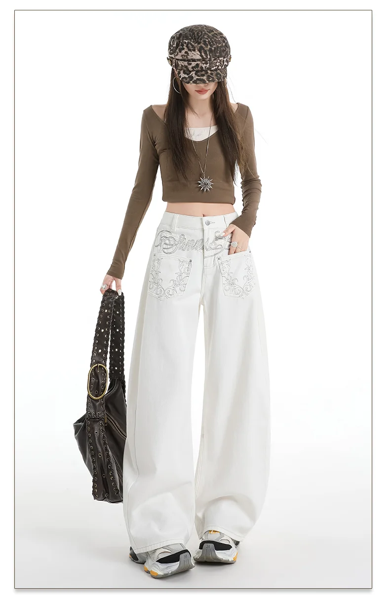 Women's White Straight Leg Jeans - Heavy Embroidery High Street Style
