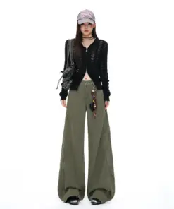 High Waist Wide Leg Jeans - Military Green Retro Workwear