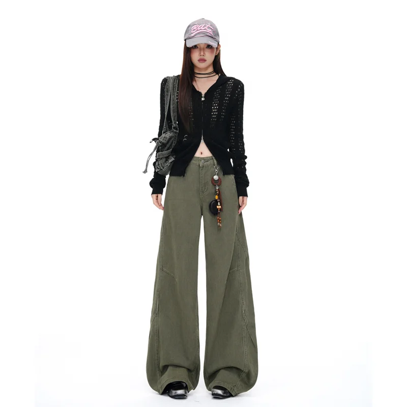 High Waist Wide Leg Jeans - Military Green Retro Workwear