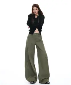 Alternative view of High Waist Wide Leg Jeans - Military Green Retro Workwear