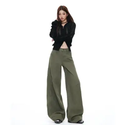 Alternative view of High Waist Wide Leg Jeans - Military Green Retro Workwear