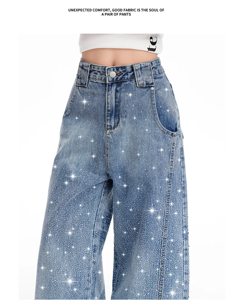 Women's High Waisted Bling Jeans - Sparkly Wide Leg Denim Streetwear - Image 6