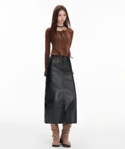 High-Waisted A-Line Pleated PU Leather Skirt - Chic Streetwear Style