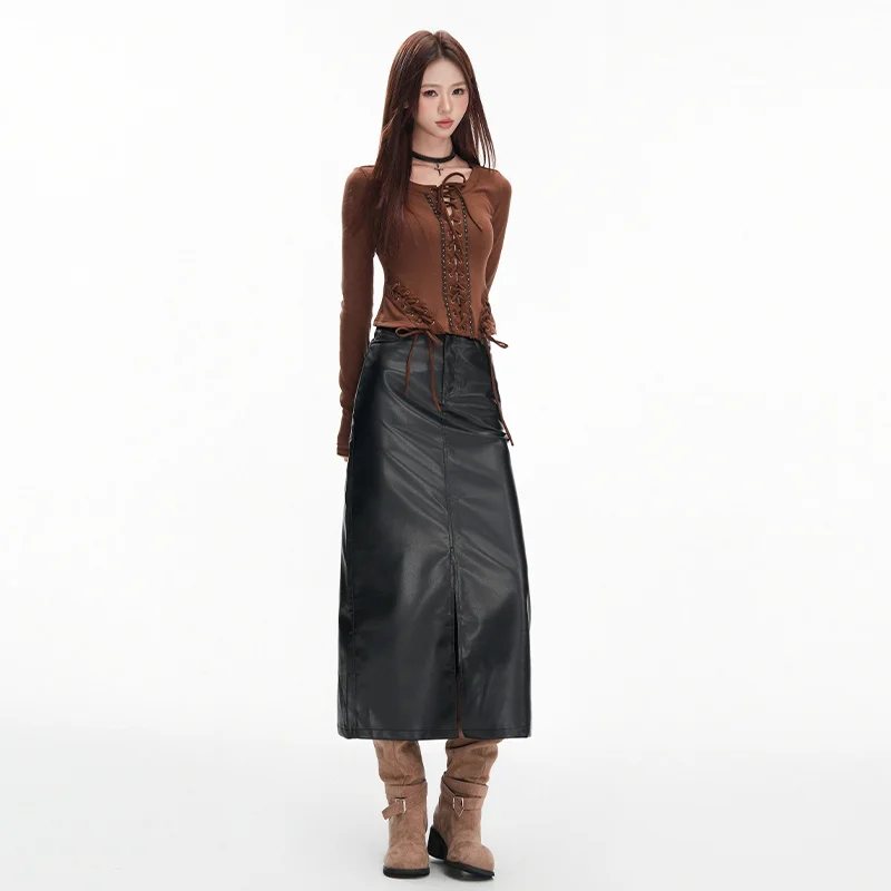 High-Waisted A-Line Pleated PU Leather Skirt - Chic Streetwear Style